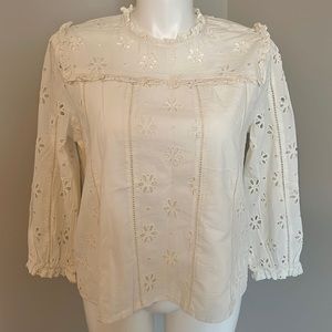 NWT J.Crew Ruffle Neck Long Sleeve Eyelet Top In Ivory, size L